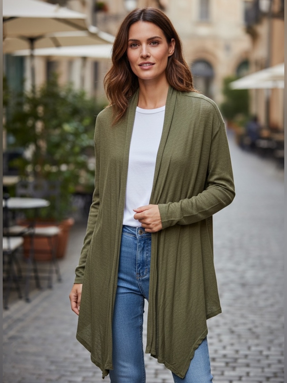 Mossimo Olive Green Roll Tab Open Front Cardigan Draped Smocked Back Medium